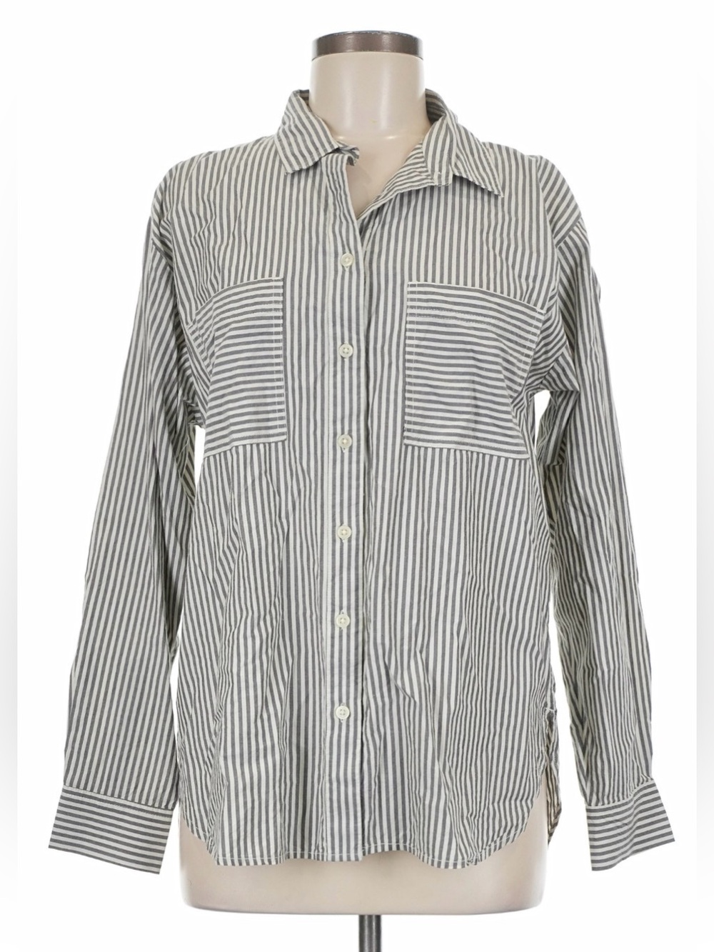 LOFT Black and White Striped Button-Up Shirt